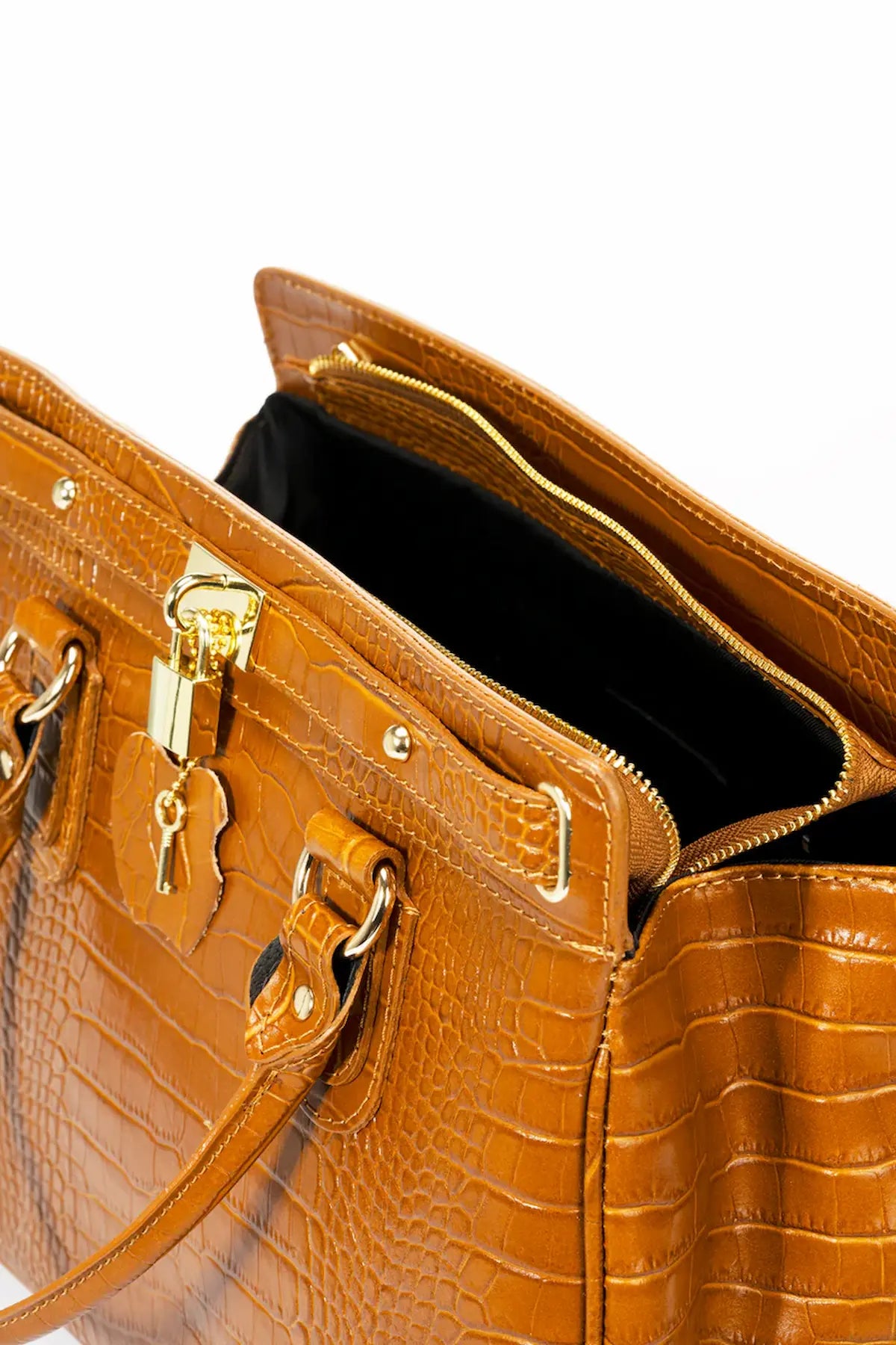 Cognac Italian leather handbag with gold accents - Don de Dieu Marque