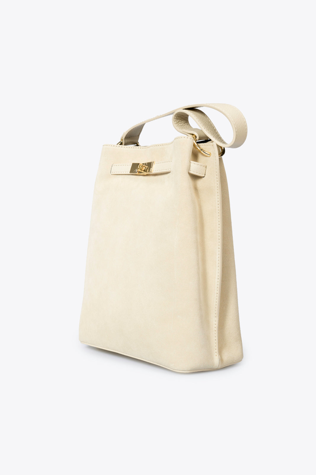 Side angle of the soft suede Cream Italian Leather Bucket Top Handle Bag — Don de Dieu Marque