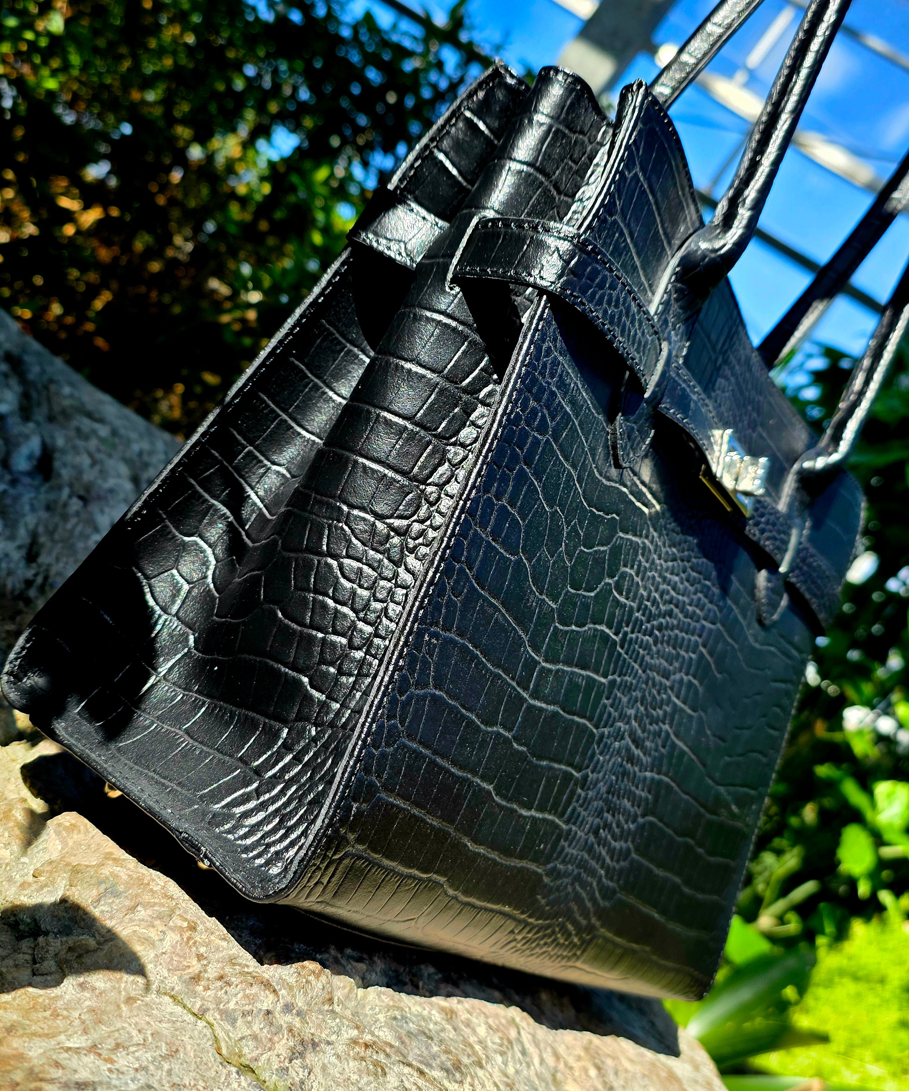 Black Croc Italian Leather Shoulder Bag Side View — Don de Dieu Marque