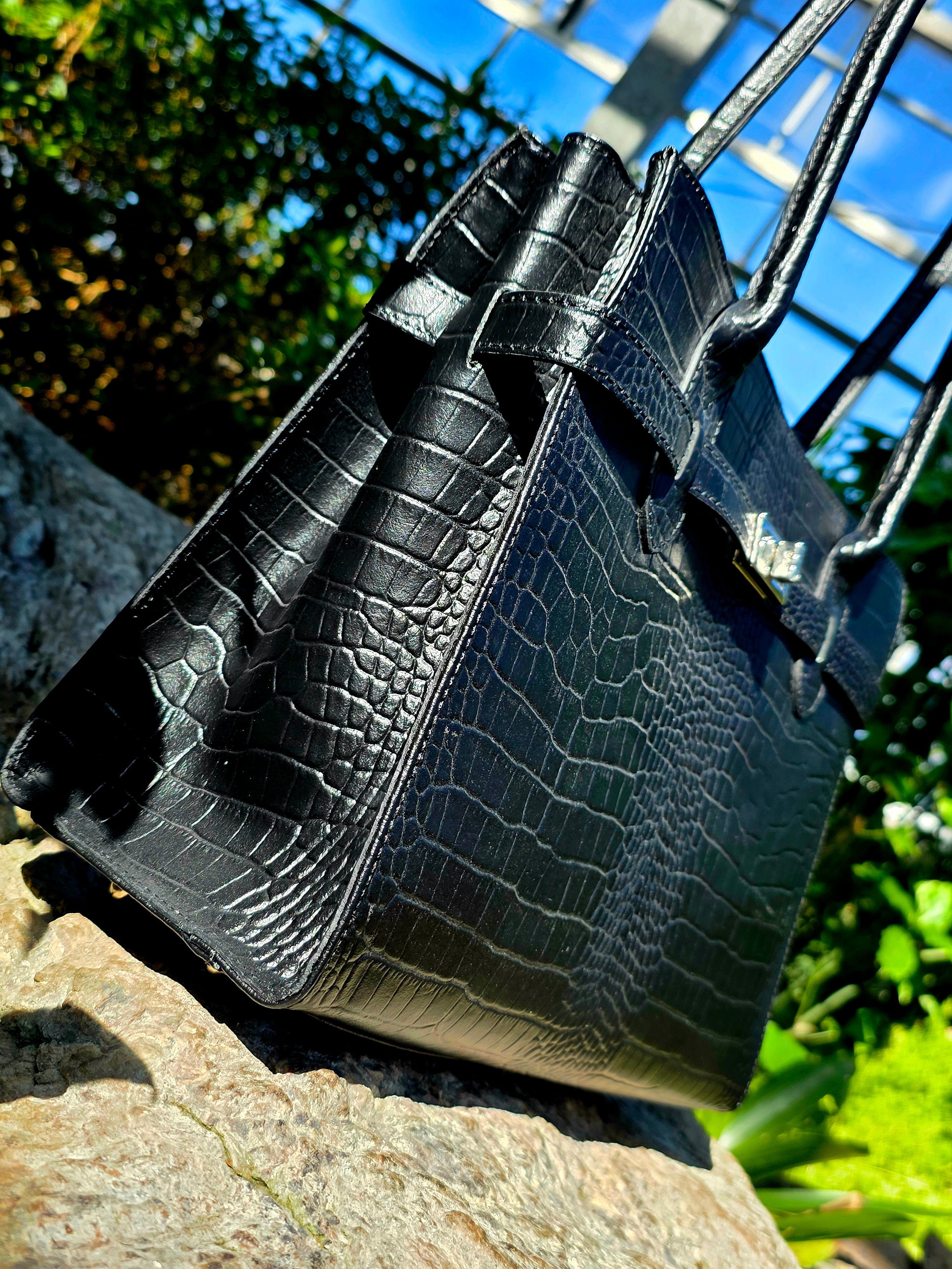 Black Croc Italian Leather Shoulder Bag Side View — Don de Dieu Marque