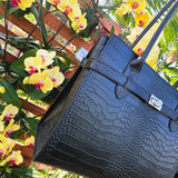 Italian leather Black croc handbag with yellow flowers in the background. - Don de Dieu Marque