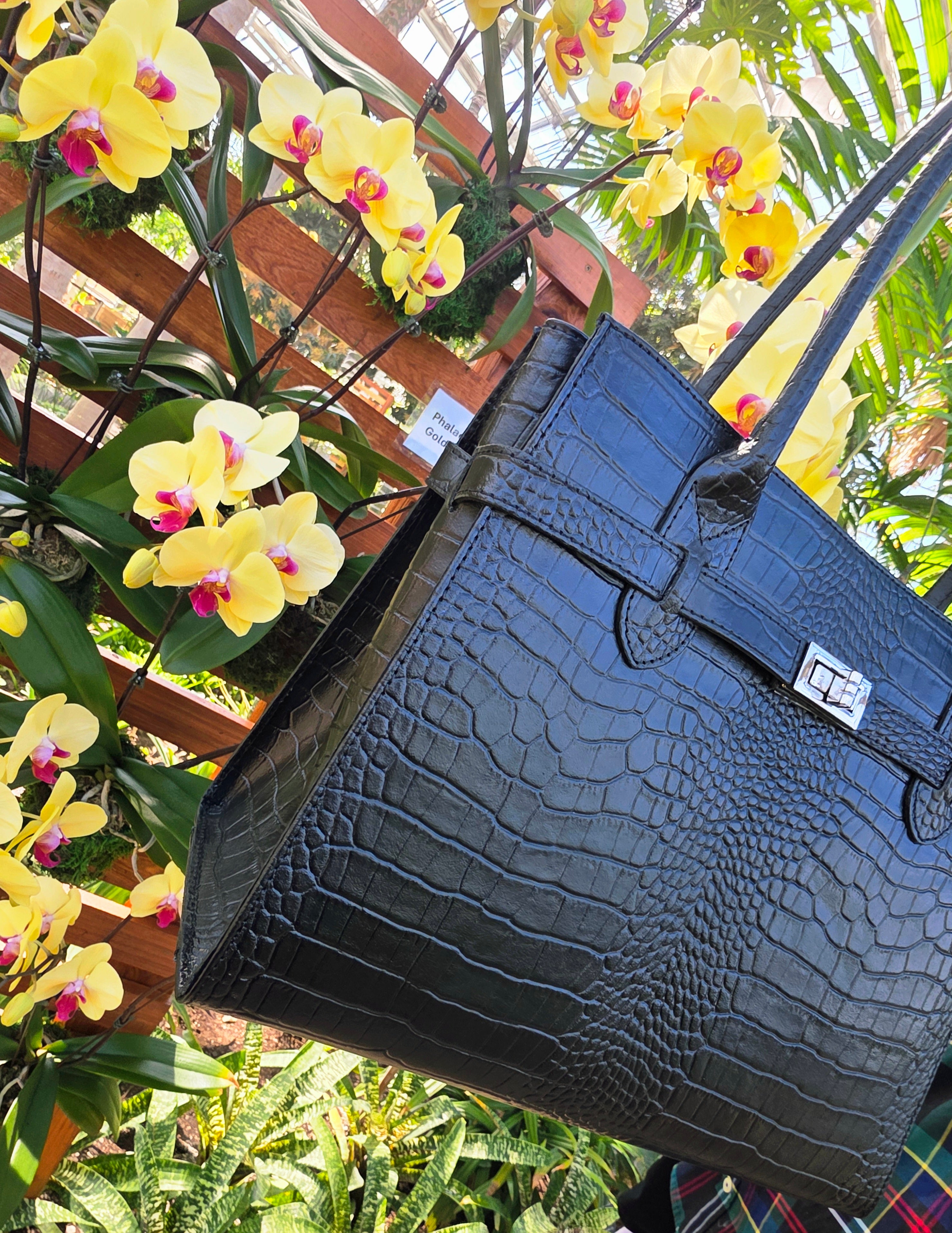 Italian leather Black croc handbag with yellow flowers in the background. - Don de Dieu Marque